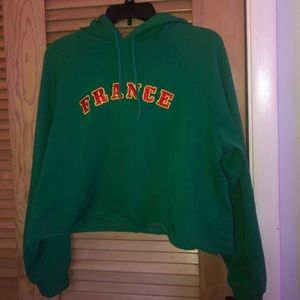 Green Embroidered France Cropped Sweatshirt Hoodie